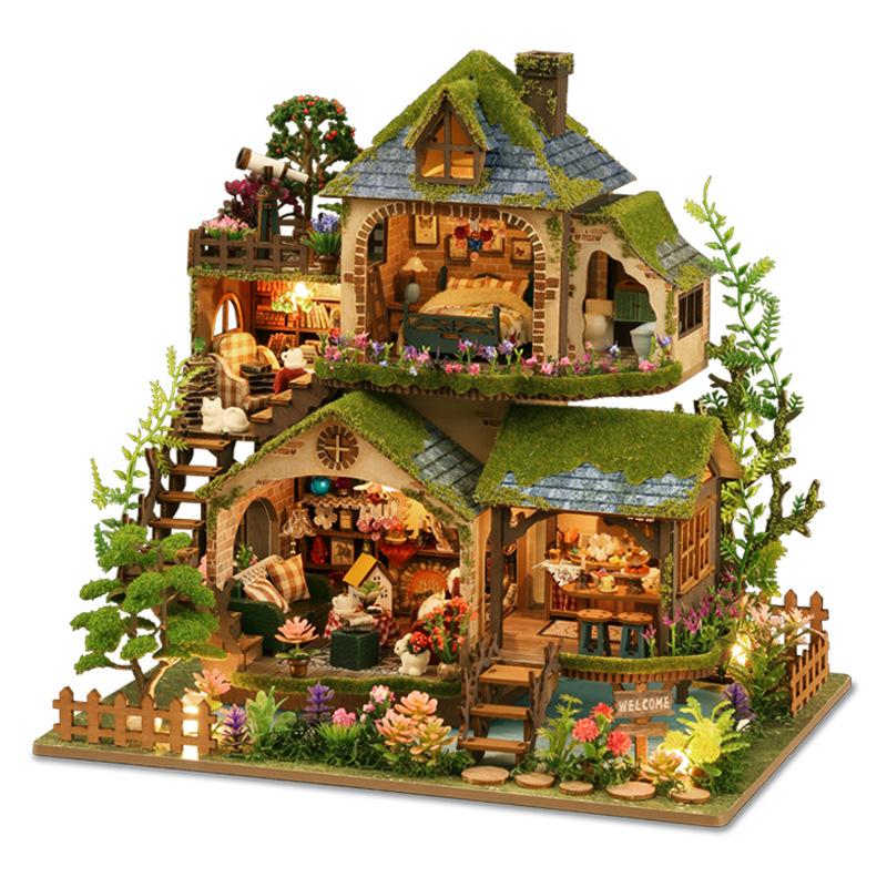 DIY Miniaturhaus Waldabenteuer Set Tiny House Modell mit Puppenhaus & Bücherregal Kreatives Geburtstagsgeschenk für Freunde & Erwachsene
