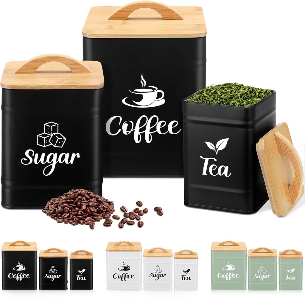 3 Set Airtight Coffee Sugar Tea Containers with Bamboo Lids, Rustic Metal Jars for Kitchen Storage (Turquoise)