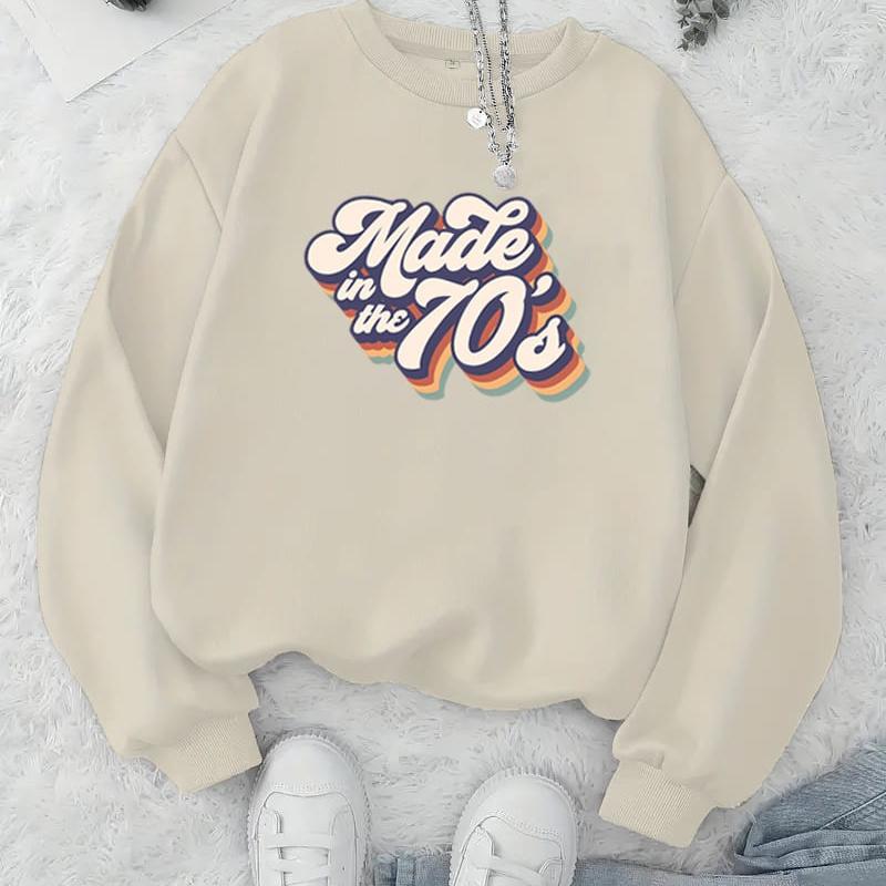 Trendy Printed Women s Crew Neck Sweatshirt, Dopamine Style & Loose Fit, Street Photography & Outing XXL бежевый