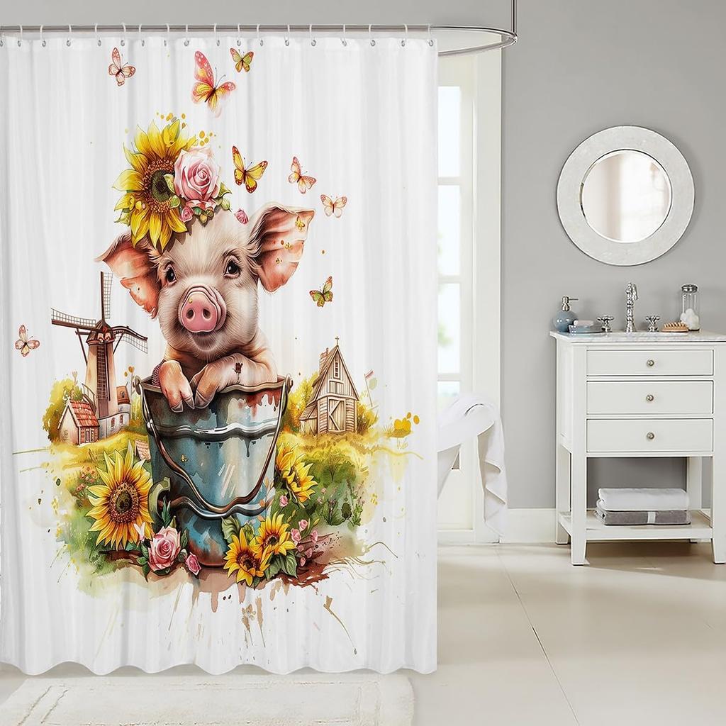 Boys Girls Pig Bath Curtain Cartoon Pigs Shower Curtain Kids Cute Farm Animal Bathroom Shower Curtain Set Butterfly Sunflower