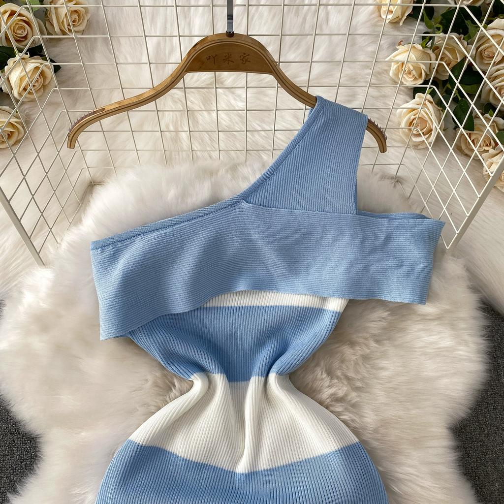 Summer Women Sexy One Shoulder Striped Knitted Office Work Sweater Sheath Dresses