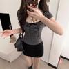 Contrasting Striped Square Neck Front Shoulder Short-sleeved T-shirt Women's Summer New Slim-fit Design Thin Short Top