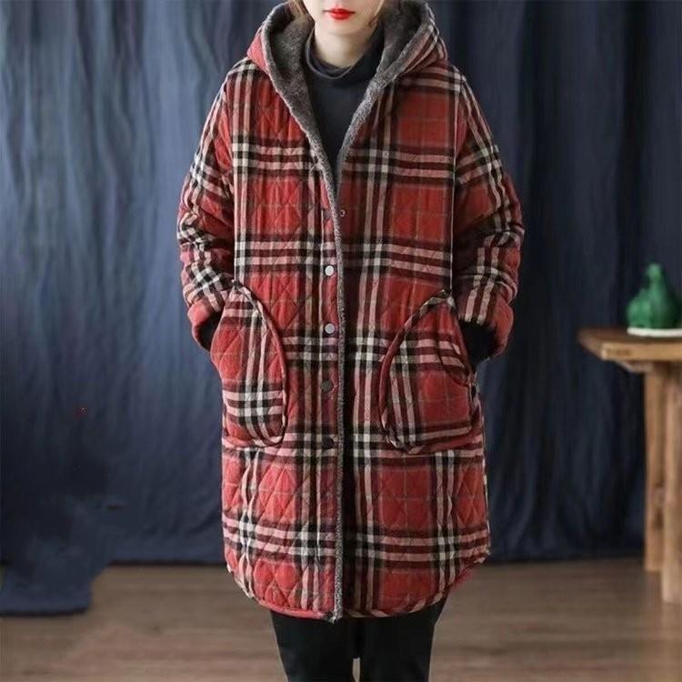 Women Plus Size Warm Thickened Hooded Plaid Coat Medium Length Jacket Cotton Winter