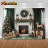 Mocsicka Christmas Tree Fireplace Backdrop Photography Soft Washable Photo Background White Wall Wreath Horse Decorations Banner