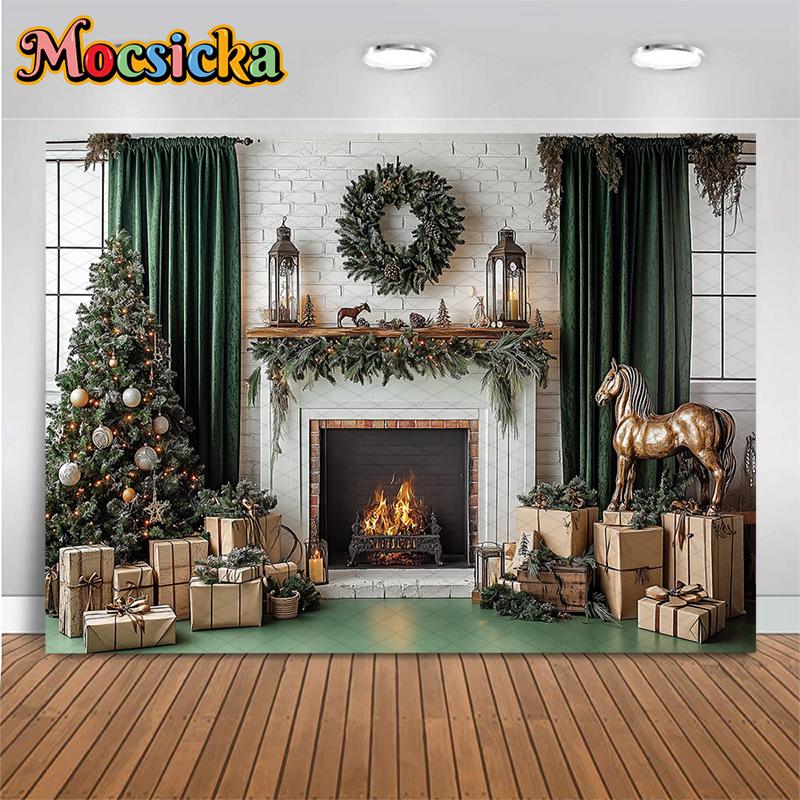 Mocsicka Christmas Tree Fireplace Backdrop Photography Soft Washable Photo Background White Wall Wreath Horse Decorations Banner