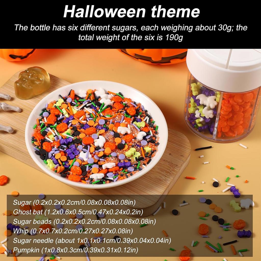 Halloween Sprinkles Mix, 6 Cell Assorted Festive Sprinkles Edible Colorful Variety Candy Sugar Sweets Icing Decorations for Bonbon Halloween Cookies
