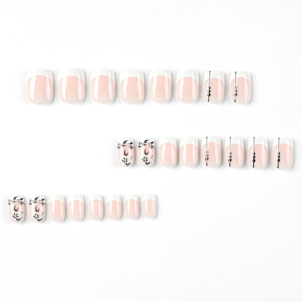 Nail White French Flower Black Leaf Short Manicure Nail Piece Press On Nail