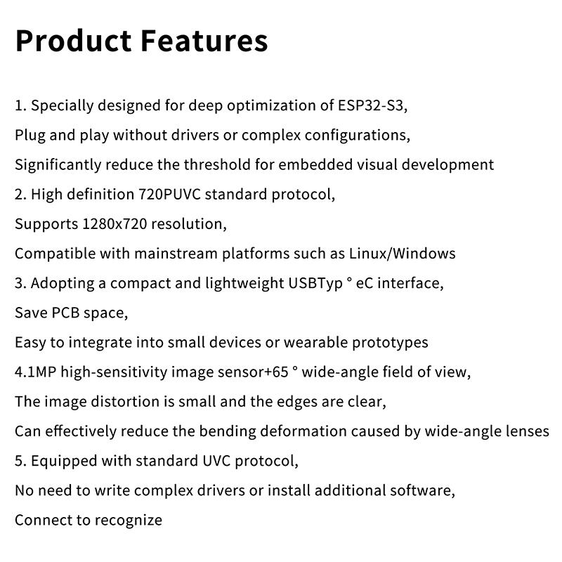 Mini Usb Type-C Camera Module For Esp32S3 Win 10 11 Android 720P 1280*720 1Mp 65 Degrees For Esp32-S3 Development Board