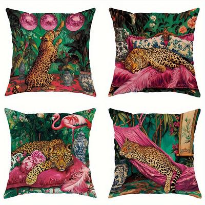 Home Decor Leopard & Tropical Floral Decorative Pillow Covers Pattern Cushion Cover Suitable For Sofa Bedroom Car Pillow Cover