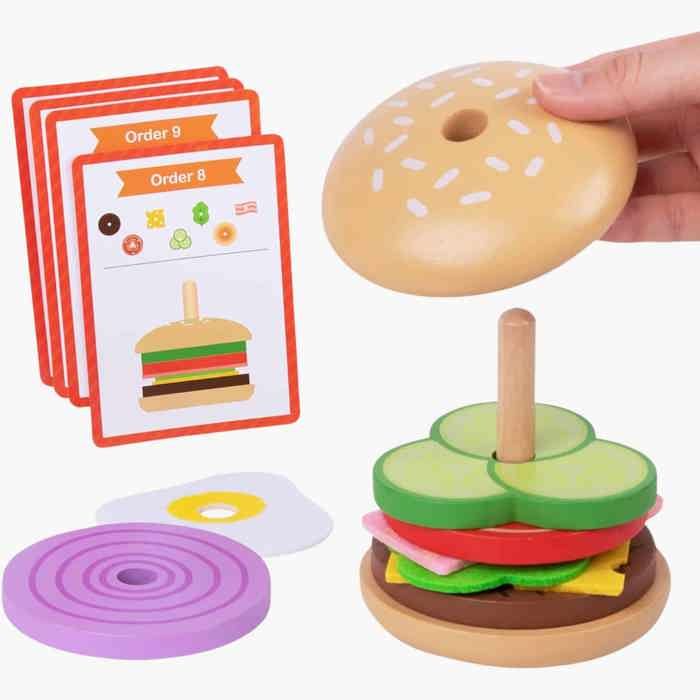 Drewniany hamburger, drewniane zabawki do układania, gra imitująca, zabawka Montessori dla dzieci
