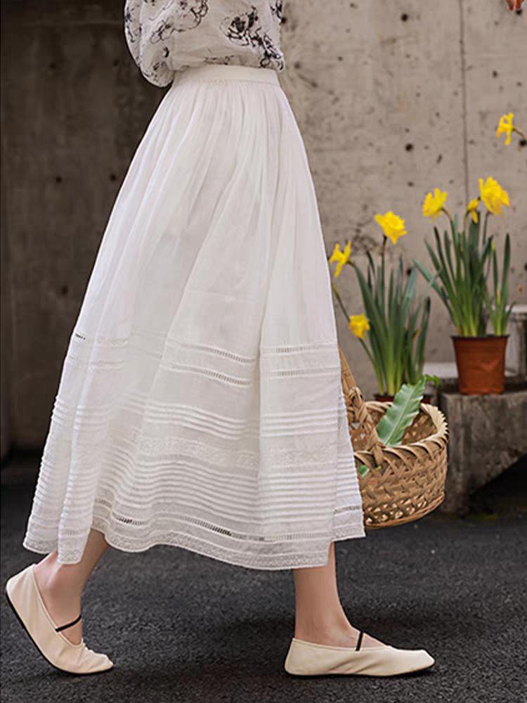 Women's White Ramie Embroidered Midi Skirt with Elastic High Waist and Wide Hem - Spring 2026 Collection