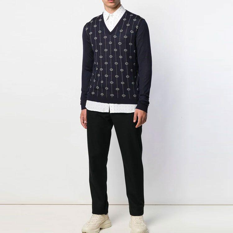 Gucci Sweaters Men's Dark Blue V Neck Moderate 576902XKAUM