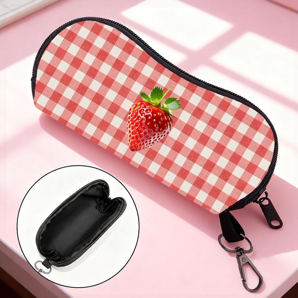 Portable Felt Sunglasses Pouch Soft Shockproof Zipper Eyeglass Case with Metal Clip Check Pattern Printed Eyewear Storage Bag
