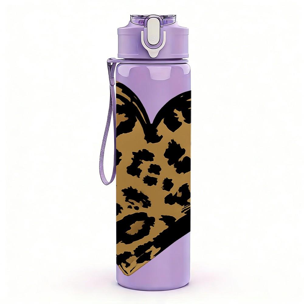 1PC Leopard Texture Heart Shape Print 750ml Color Plastic Sports Water Bottle Leakproof Flip Straw Lid Suitable for Sports Office Home Use