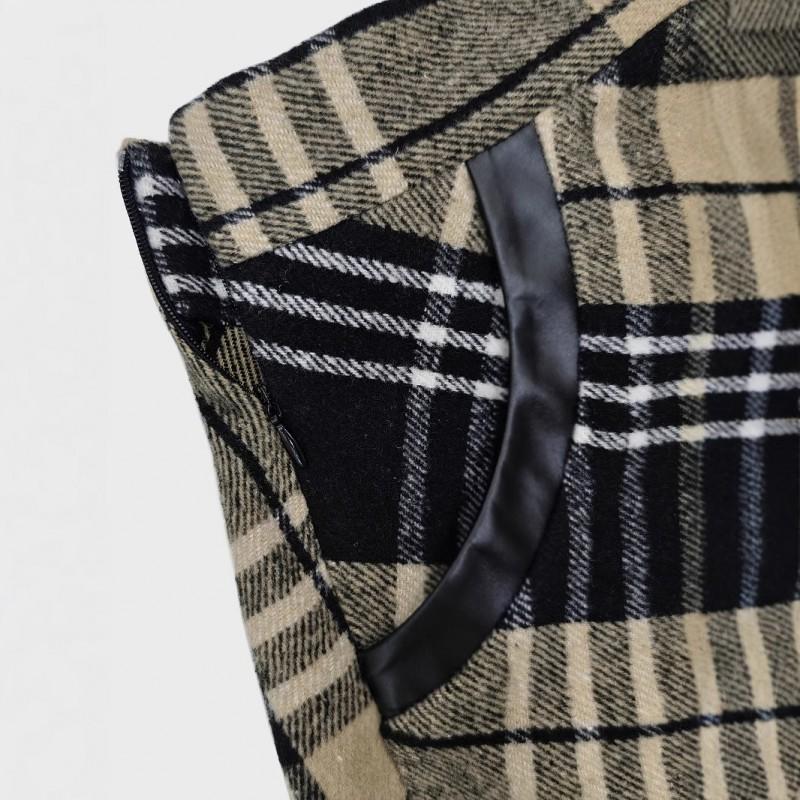 Womens Black White Plaid Wool Blend Midi Skirt With Large Pockets A-Line Office Wear Daily Commute