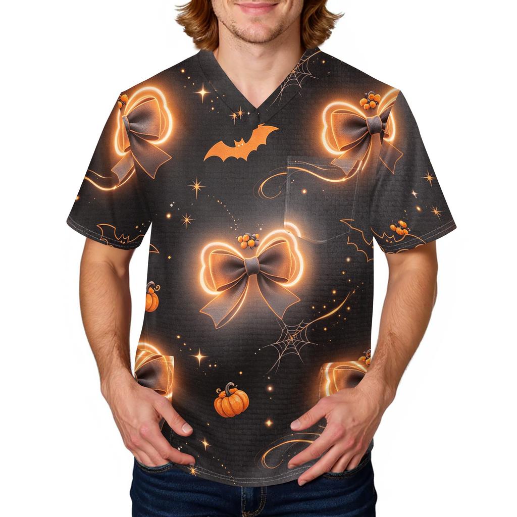 Men's Halloween Print Medical Scrub Top V Neck Pocket Comfortable Fit Daily Workwear for Healthcare Professionals