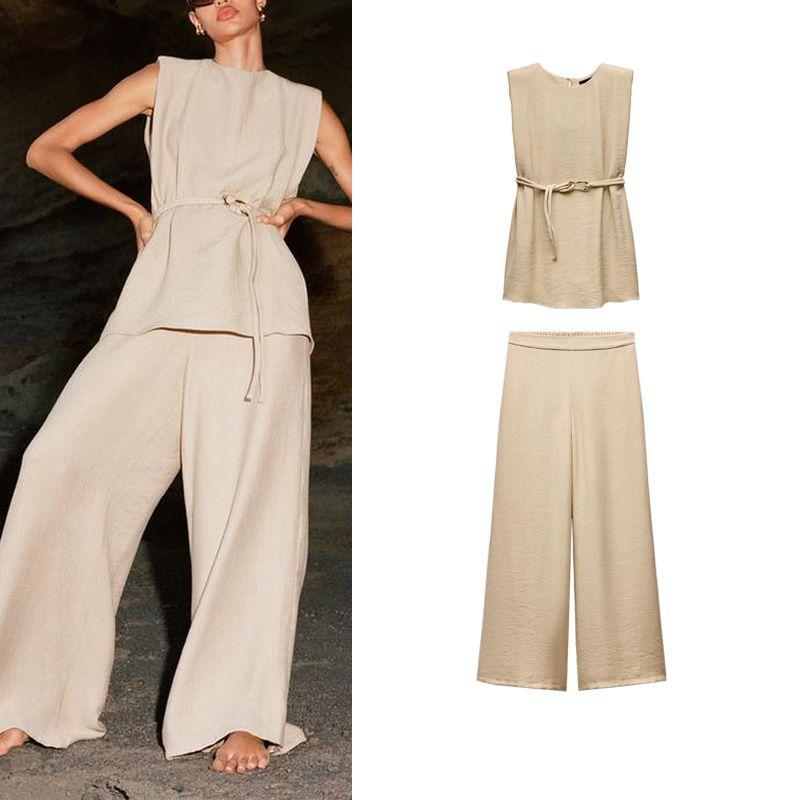 Spring New Arrival with Belt Wrinkle Effect Band Padded Shoulder Tops 3897069 High Waist Loose Pants 3897059