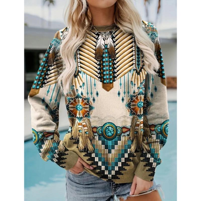Bohemian Women's Autumn And Winter Round Neck Long Sleeved Fashions Retro Color Blocked Printed Sweatshirt Casual Top