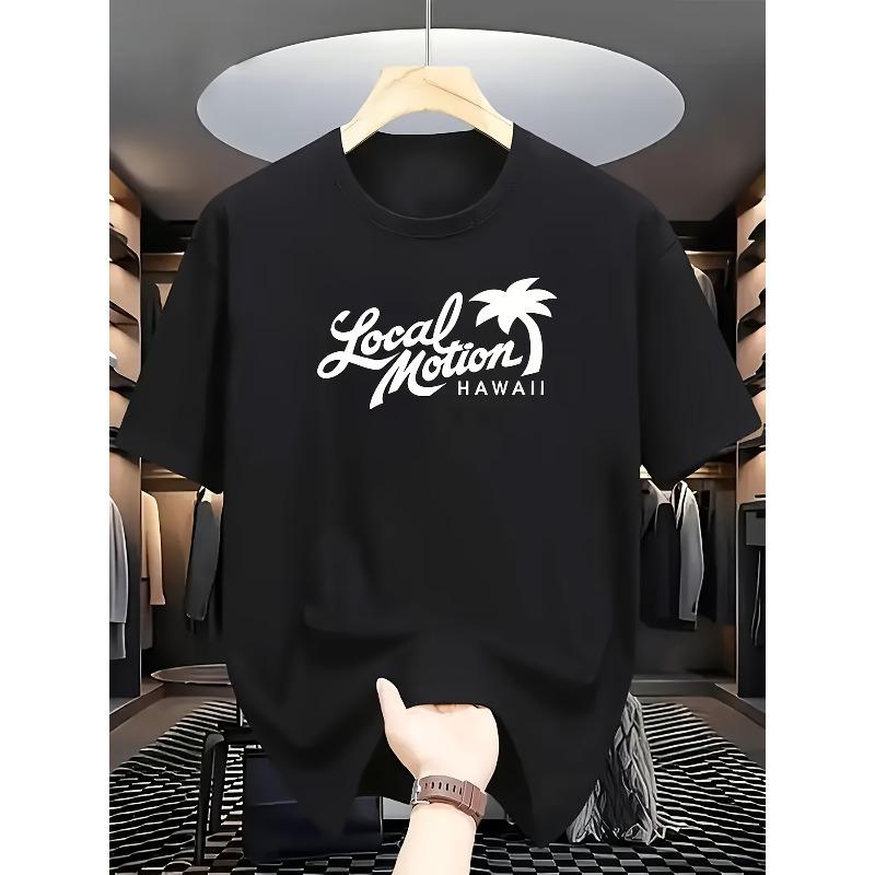 

European sizes White Short-Sleeve T-Shirt with Local Motion HAWAII Text and Palm Tree Design 4XL чорний