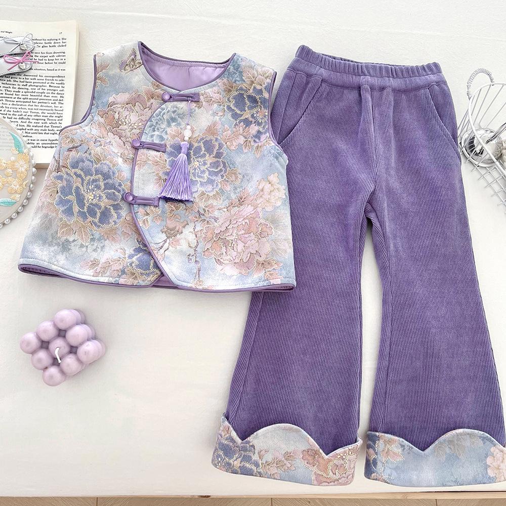 Girls' Autumn 2025 Chinese Style Three-Piece Set: Vest, Base Shirt, and Micro Flared Pants
