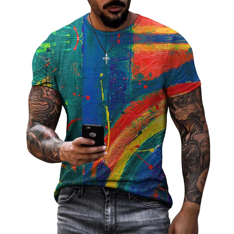 Summer Round Neck 3D Vibrant Ethnic Print Top Fashionable Casual Short Sleeved Men's T-shirts
