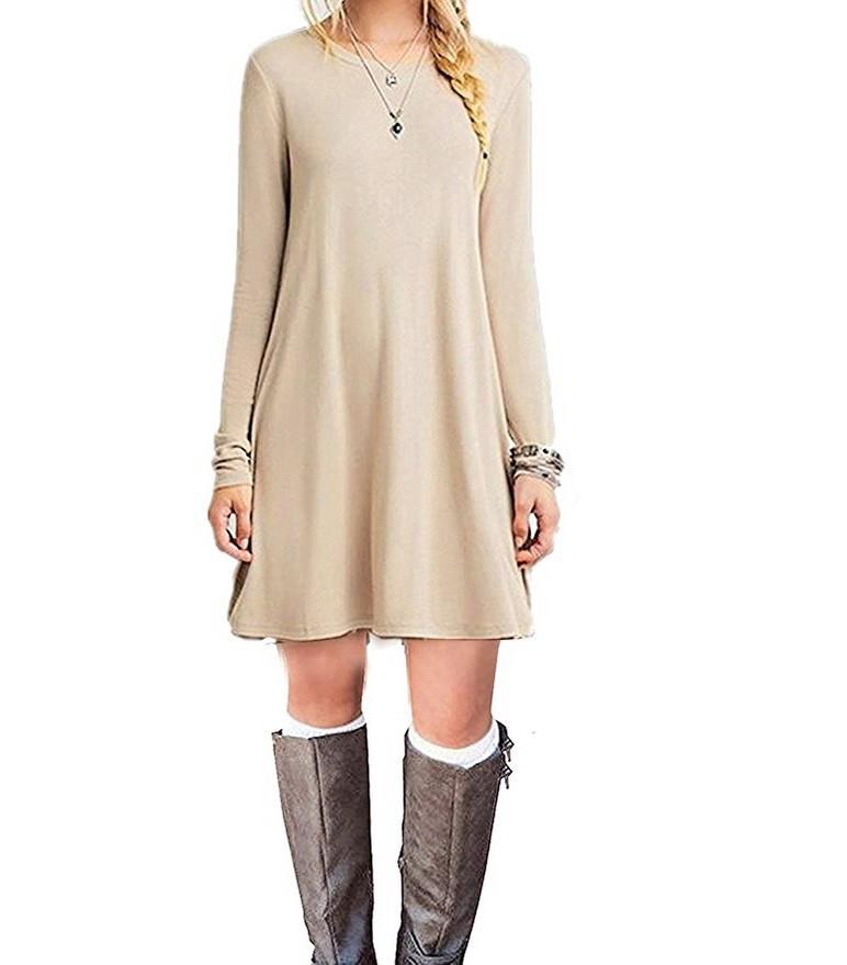 Женское короткое платье, свободные тонкие платья с длинными рукавами S хаки