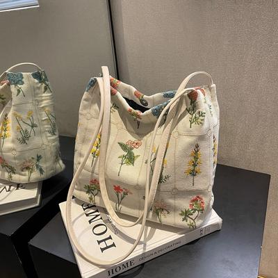 Large Capacity Bag Women's Summer Versatile 2025 New Canvas Casual Shoulder Bag High Sense Class Commuter Bucket Bag