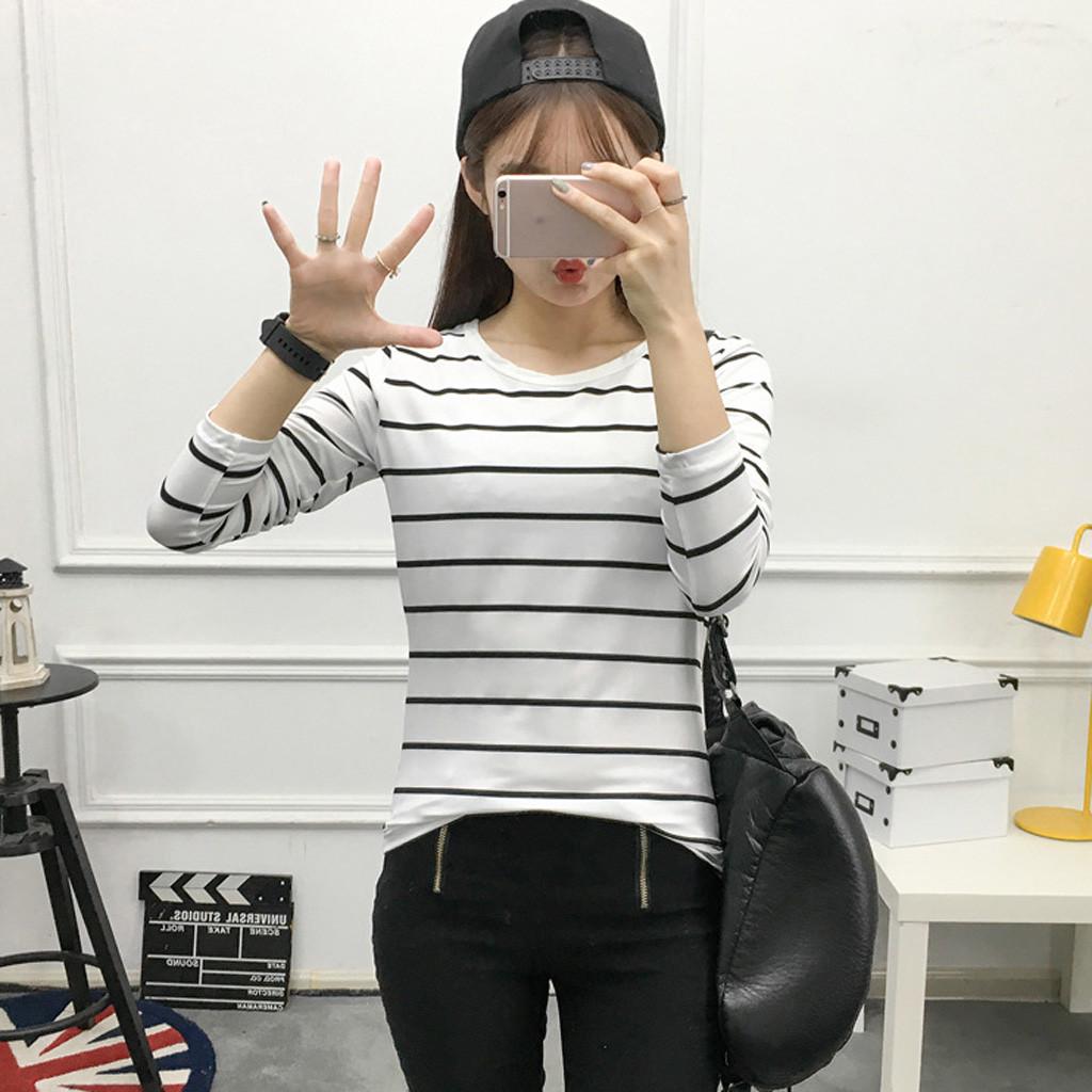 Women Korean Version Loose Stripe Long Sleeve  Bottoming Shirt Casual Tops