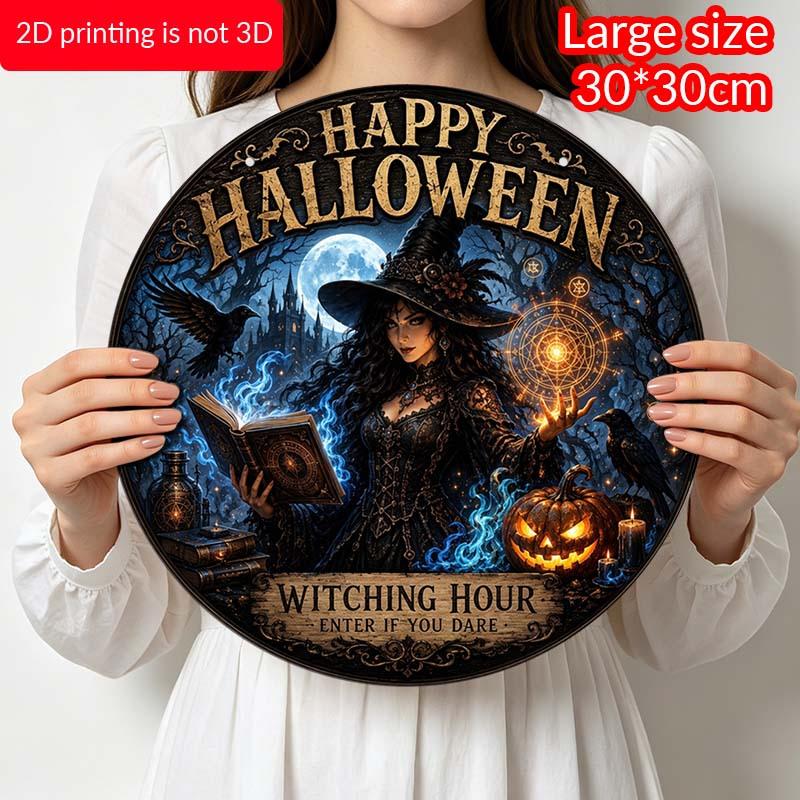 Happy Halloween Witching Hour Witch Crow Pumpkin Metal Wall Art 7.87x7.87 / 11.81x11.81 Inch Round Aluminum Sign for Home Garden Halloween Wall Decor