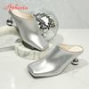 Fashion Aphixta 8cm High Heels Elegant Women Slides Square Toe Shallow Gold Heels Slides Sexy Metal Strange Style Heels Shoes Size 42