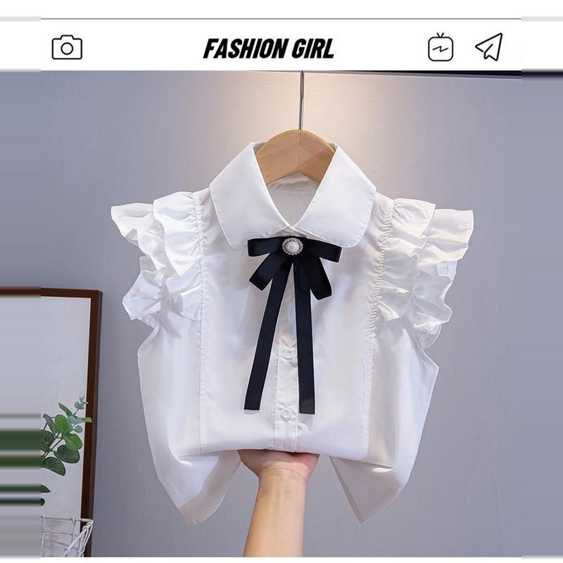 Girls White Shirt Cotton Sleeveless Lace Collar Ruffle Blouse Children School Uniform Top Student Class Wear Spring Autumn Korean Style Fashion Design