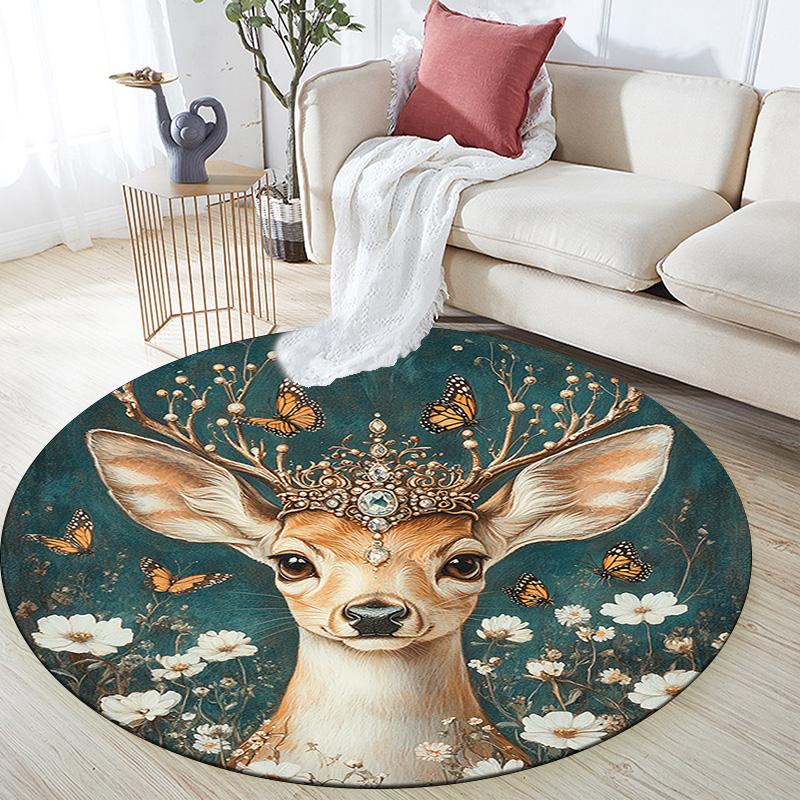 Deer with Flowers Round Area Rug,Carpet Rug for Living Room Bedroom Sofa Playroom Decor,Non-slip Floor Mat