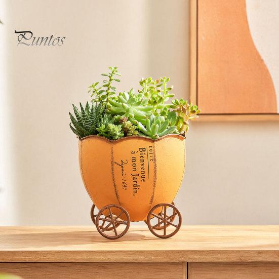 Room Decoration Pot Retro Pumpkin Cart Planter, Decorative Metal Flowerpot with Drainage Hole, Stylish Succulents Pots Plant for Indoor Outdoor