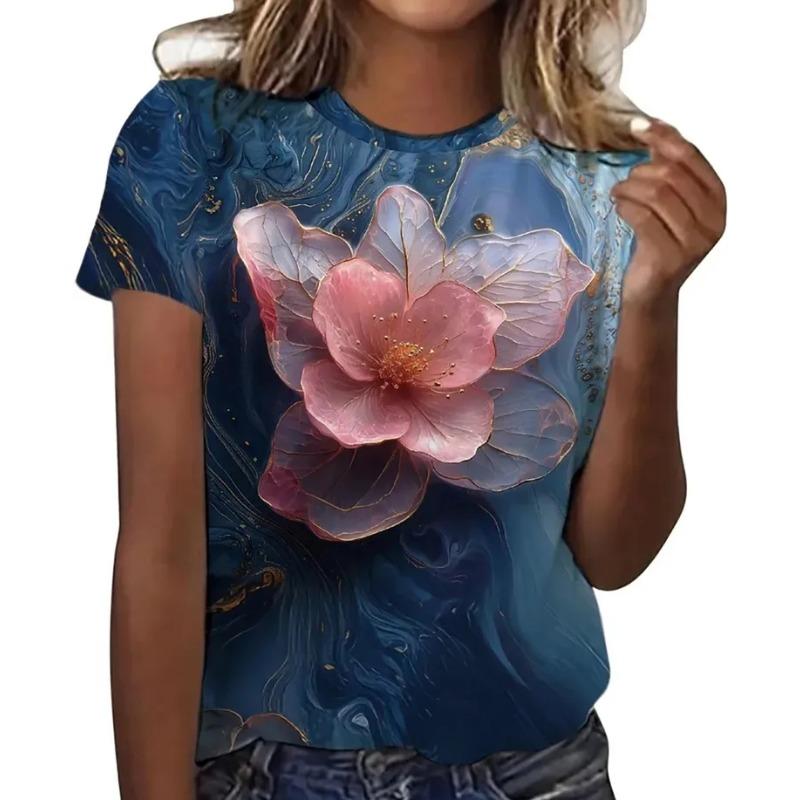 Summer Round Neck Flower Print Comfortable Fashionable Oversized Breathable Casual Women's T-shirt