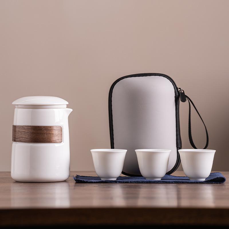 Suet jade white porcelain travel tea set portable storage bag high-end one pot three cups corporate business gifts