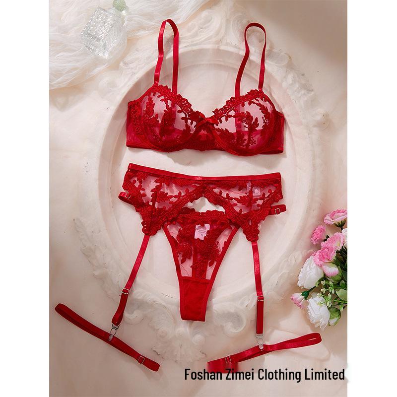 Three-Piece Lace Embroidered Mesh Lingerie Set