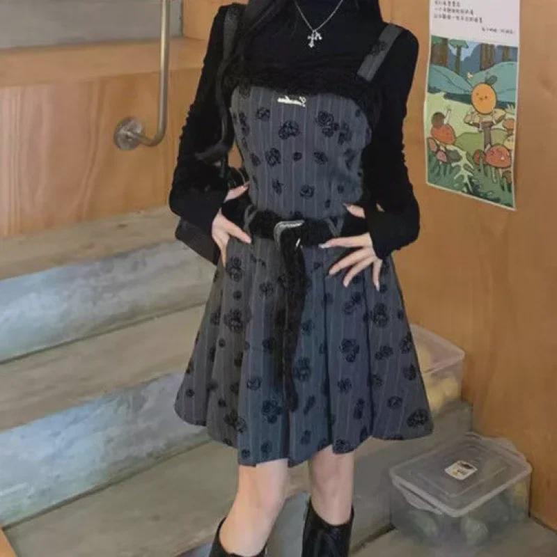 2024 Autumn French Retro Pleated Slim Suspender Dress & Long Sleeve Set