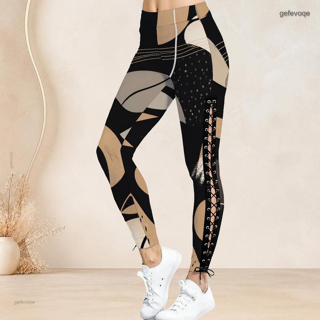 Women Plus Size High Waist Printed Side Eyelet Lace Up Full Length Leggings
