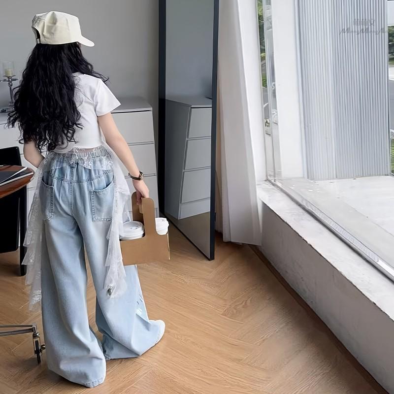 Girls' Summer Loose-Fit Vintage Washed Distressed Straight-Leg Slimming Wide-Leg Floor-Length Jeans
