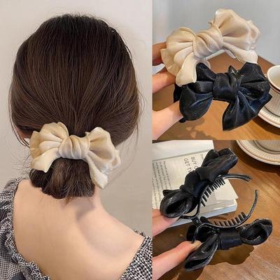 Shiny Mesh Bow Hair Clip for Woman Fashion Girl Meatball Head Hair Clip Grab Clip
