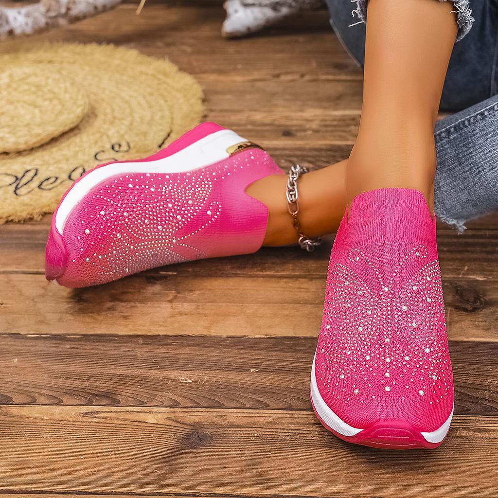 Fashion Women Rhinestone Casual Sneakers Breathable Wedge Women Lightweight Shoes Slip on New Comfortable Spring Mesh Shoes Size 36-43