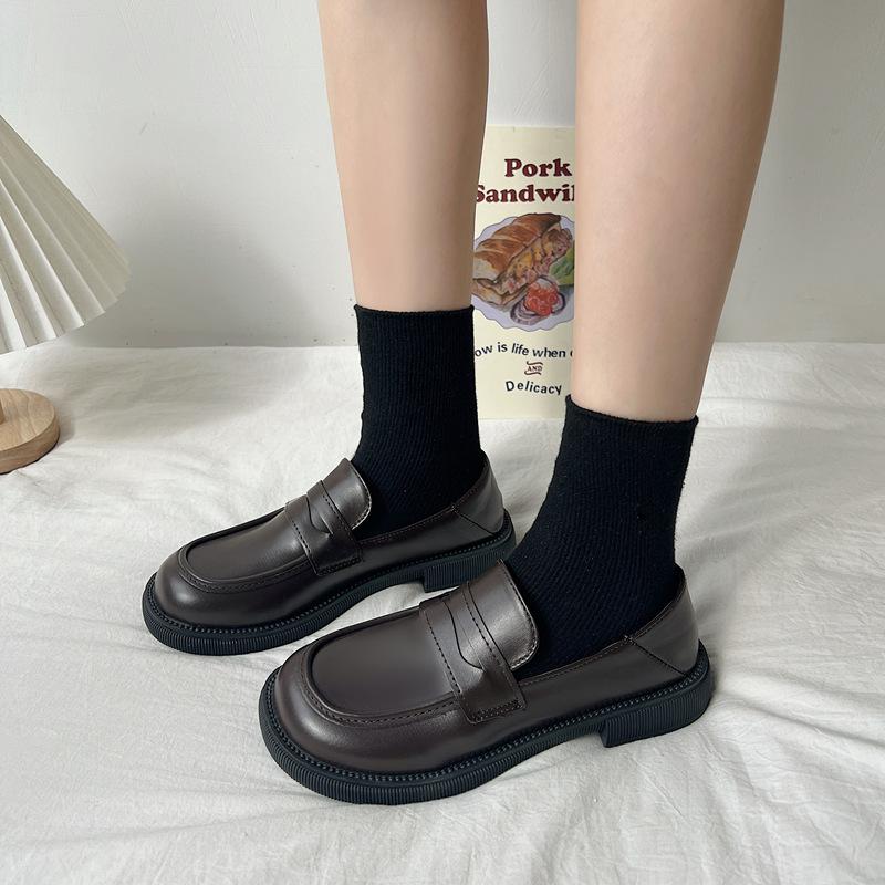

Small Leather Shoes for Women s British Style Women s Shoes Soft Sole and Not Tired Feet New Spring and Autumn Black One-foot Loafers Flat Shoes 35