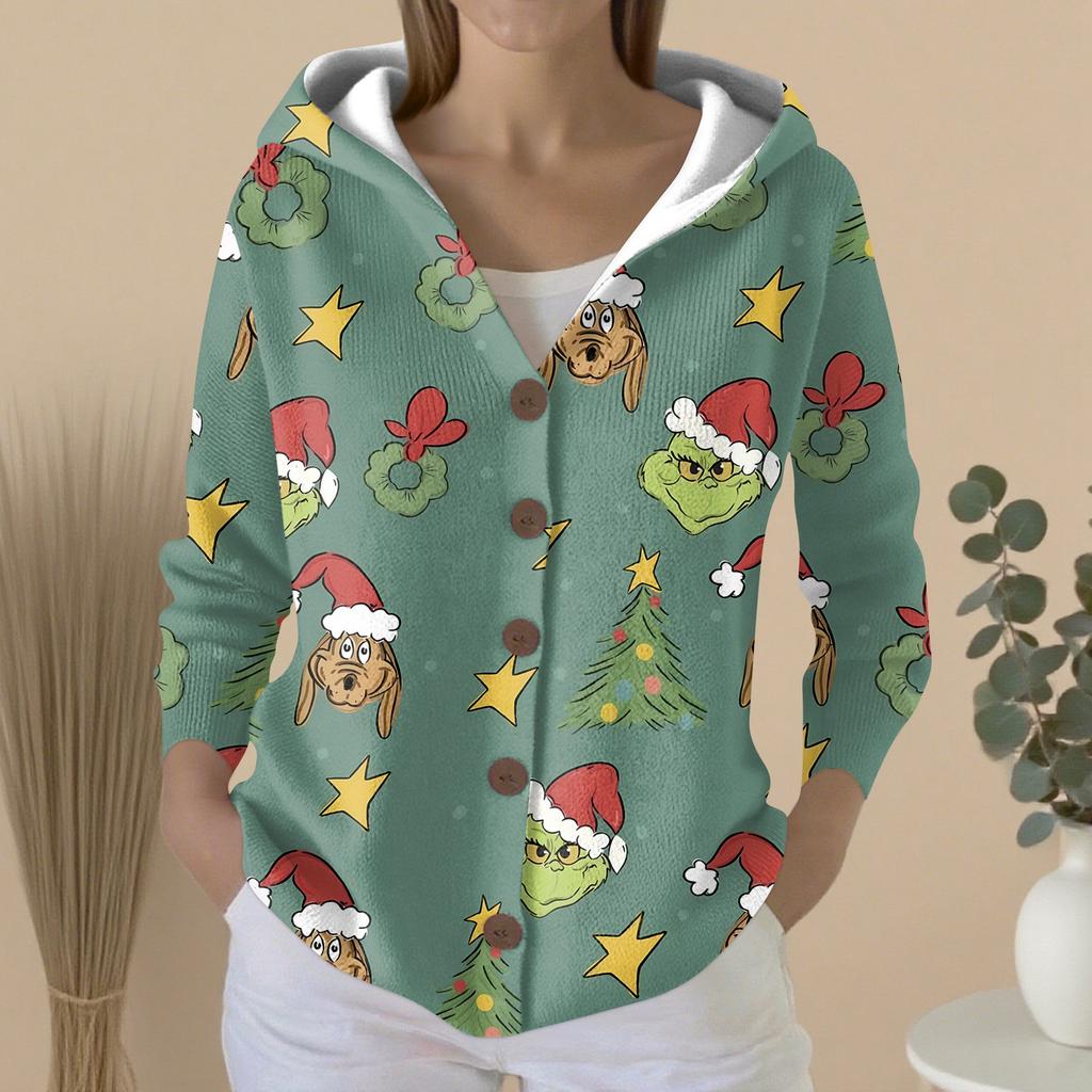 Women's Fashion Casual Sweater Button-Up Print Cardigan  Hooded Jacket