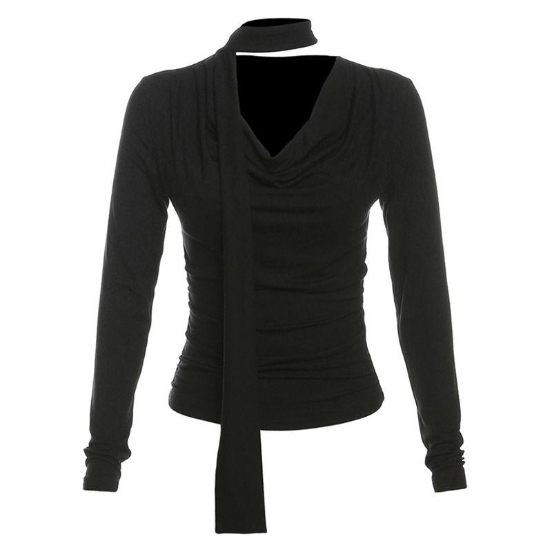 

Weird Puss Dark Sexy Retro Swing Collar Layered Slimming Long-Sleeved T-shirt Easy Matching Waisted Deep V Top Black S