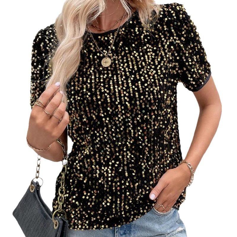 Women's New Commuter Loose Models Short-sleeved Package Neck Round Neck Top Sequin T-shirt