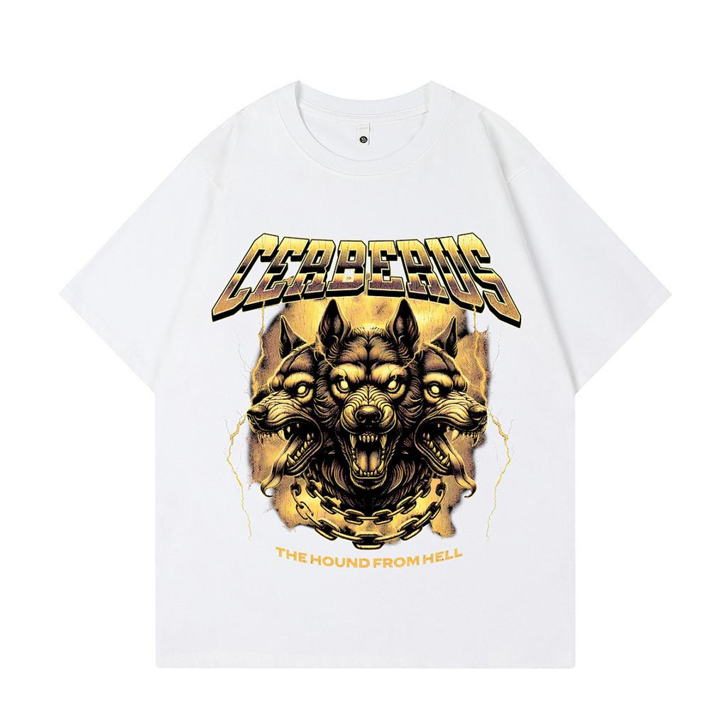 Summer Men'S Trendy Brand Short-Sleeved T-Shirt American High Street Vintage Doberman Print Fried Color T-Shirt