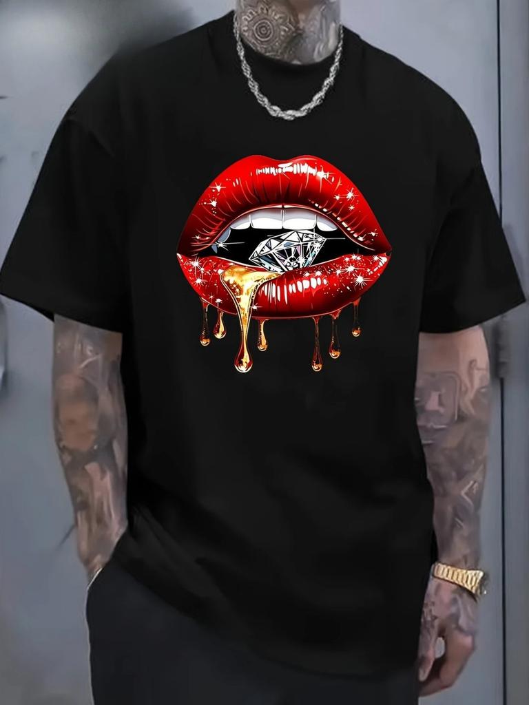Men'S Sexy Red Lips & Diamond Graphic T-Shirt - Breathable Moisture-Wicking Fa