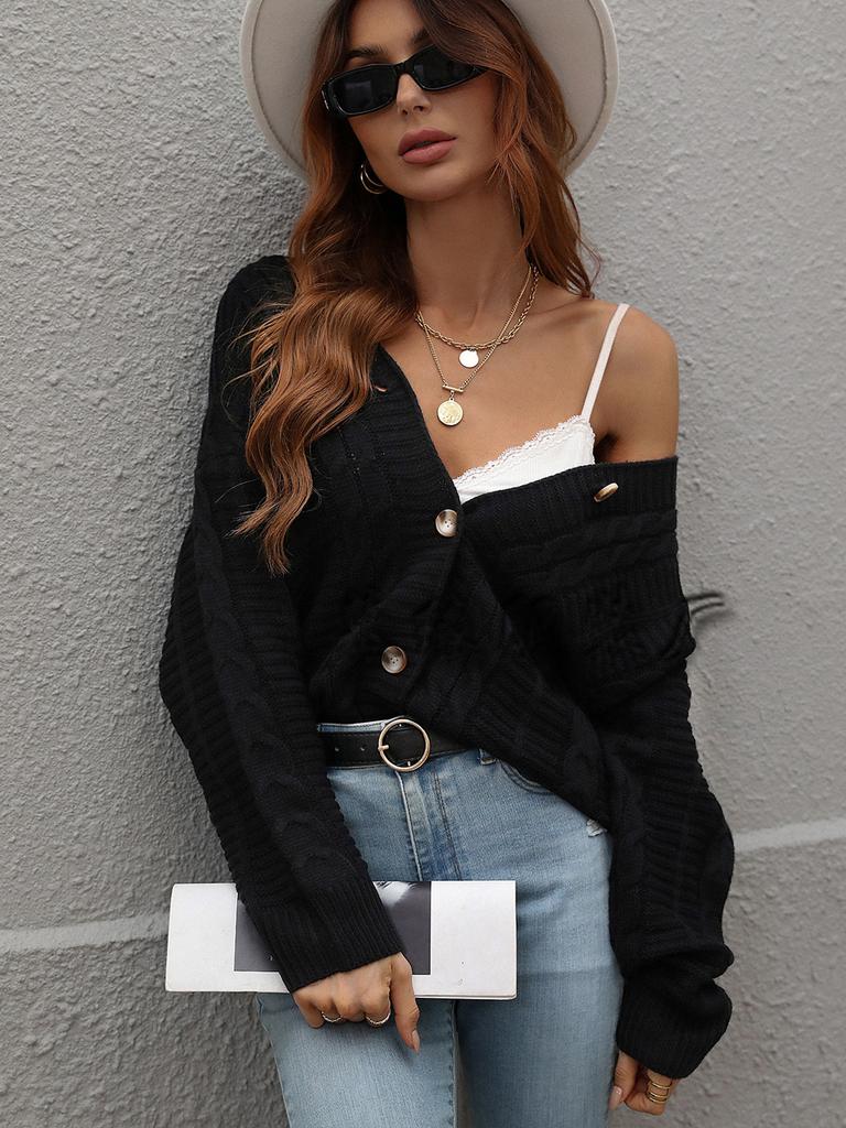 Autumn and winter new European and American button women's clothing loose solid color twisted rope knitted cardigan women's sweater women's