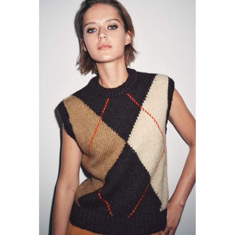 Zbzr Autumn New Women clothes Western Style Fashion Diamond Pattern Knitted Vest Style Top 6771110 330