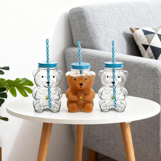 500ml Glass Cup with Straw Reusable Bear Bottle Food Grade Borosilicate Glass Heat Resistant Microwave Safe Drinking Bottle